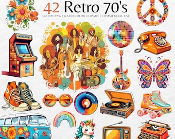 May include: A set of 42 retro 70s clipart images in watercolour style. The images include a peace sign, a disco ball, a vintage phone, a butterfly, roller skates, a unicorn, a rainbow, a van, a record player, a typewriter, a television, a guitar, a video game, a pair of sunglasses, a record, and a group of people playing music.
