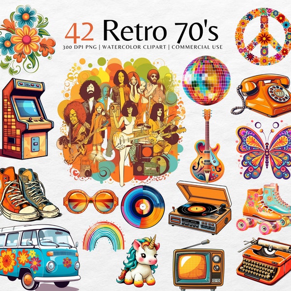 70s Retro ClipArt Bundle | Vintage Groovy Clipart png | Boho Hippie, Instant Download Images | Commercial use