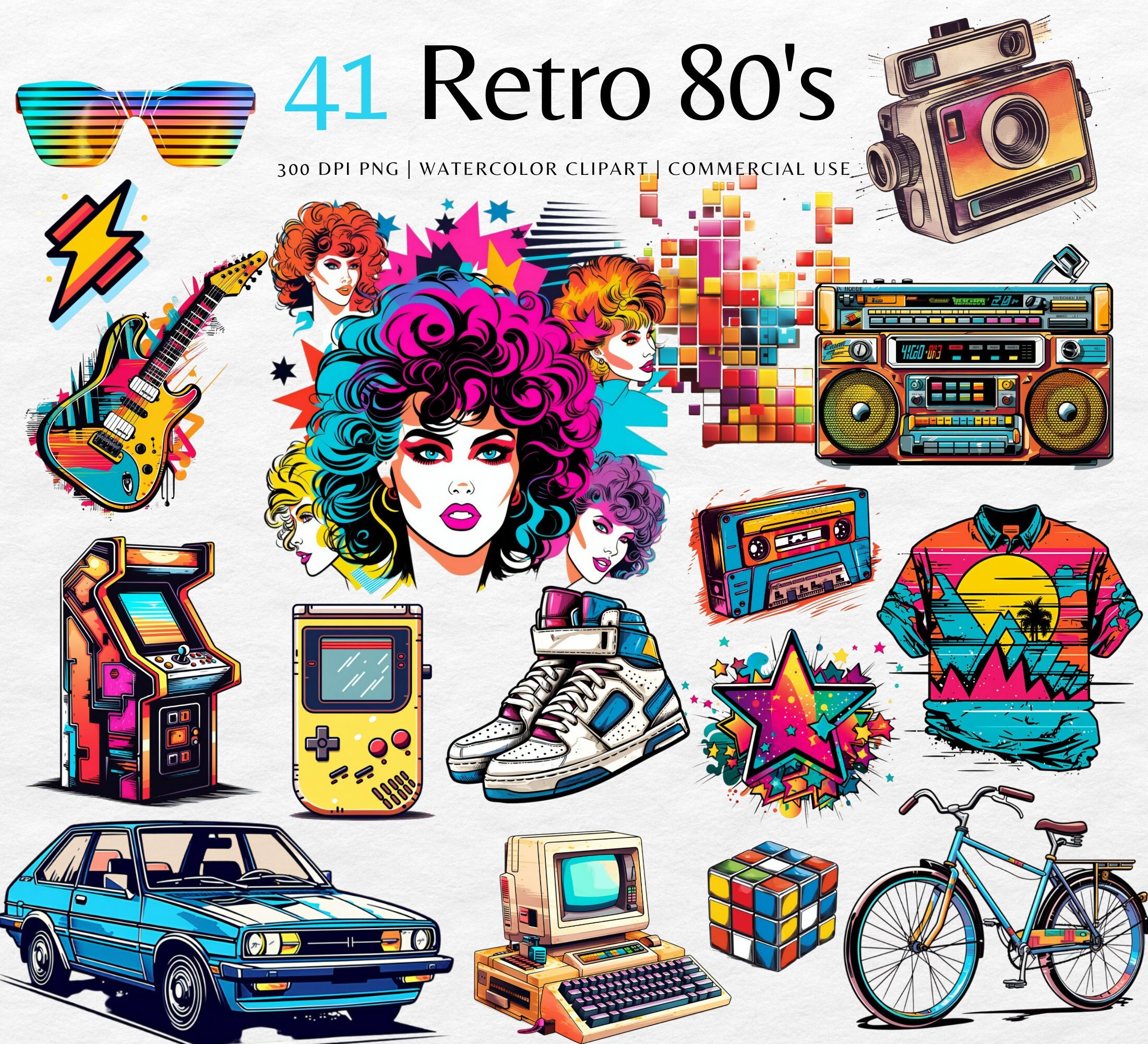80s Retro Clipart Bundle Vintage 80s Clipart Png Neon, Instant Download