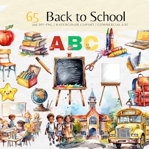 Clipart de la escuela de acuarela / Regreso a la escuela png / Clipart de útiles escolares para maestros / Uso comercial