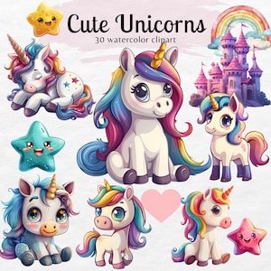 Cute Unicorn Clipart Bundle | Watercolor Unicorn png | Kawaii Unicorn, Rainbow Clip Art, Instant Download Images | Commercial use