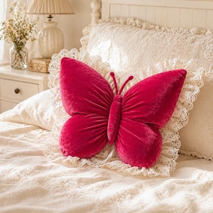 Butterfly Shaped Decorative Pillow with Lace Trim – Luxury Velour Cushion for Sofa Bed & Car | Cute Gift for Women, Home Decor Accent Pillow