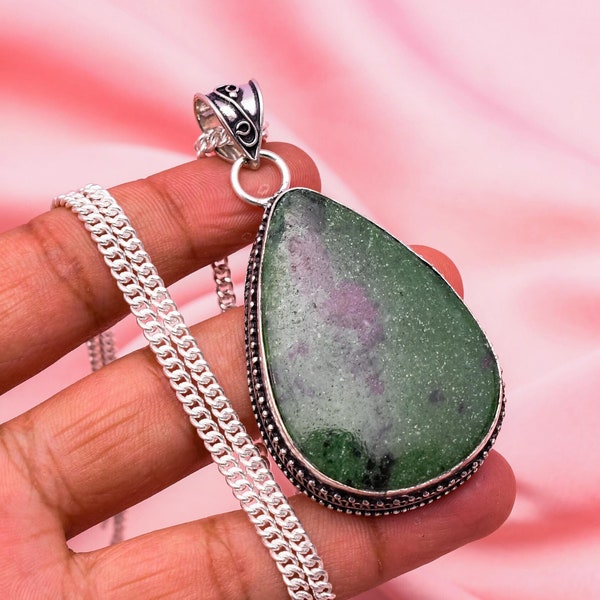 Ruby Zoisite Pendant With Silver Chain Necklace 925 Sterling Silver Pendant Necklace Big Size Gemstone Pendant Handmade Gemstone Jewelry