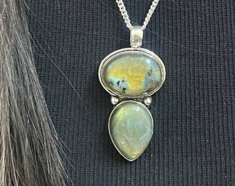 Labradorit Anhänger: Großer Edelstein, 925 Sterling Silber Kette