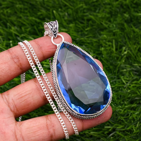 Blue Sapphire With Silver Chain Necklace 925 Sterling Silver Pendant Necklace Big Size Gemstone Handmade Gemstone Jewelry Gift