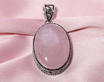 Handmade Rose Quartz Pendant: Sterling Silver Necklace, Big Gemstone Jewelry