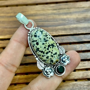 Dalmatian Jasper 925 Sterling Silver Pendant Necklace with Spinel