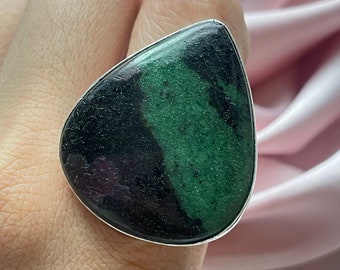 Anillo de zoisita rubí hecho a mano en plata de ley 925: joyas con piedras preciosas grandes
