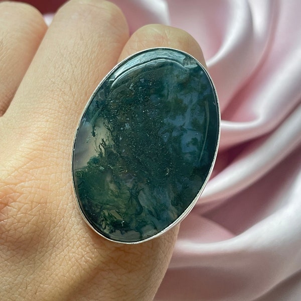 Moss Agate Ring 925 Sterling Silver Ring Handmade Silver Jewelry Gemstone Ring Moss Agate Jewelry Big Size Gemstone Ring