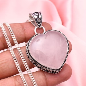 Harthanger rozenkwarts: 925 sterlingzilveren ketting, handgemaakte edelsteensieraden