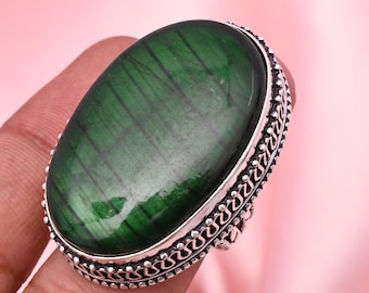 Green Labradorite Ring 7 Size 925 Sterling Silver Ring Handmade Silver Jewelry Gemstone Ring Labradorite Jewelry Big Size Gemstone Ring