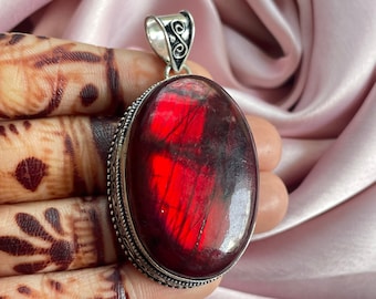 Red Labradorite Pendant Necklace: Big 925 Sterling Silver Chain