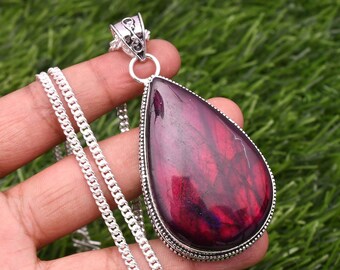 Purple Labradorite Pendant With Silver Chain Necklace 925 Sterling Silver Big Size stone Handmade Pendant For necklaces women