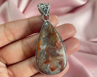 Laguna Lace Agate Pendant With Silver Chain Necklace 925 Sterling Silver Pendant Necklace Gemstone Pendant Handmade Gemstone Jewelry Gift