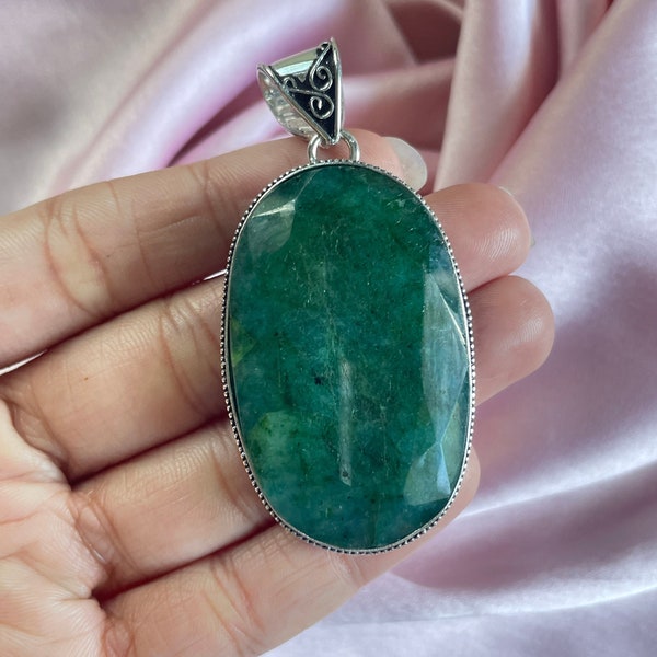 Emerald Pendant With Silver Chain Necklace 925 Sterling Silver Pendant Big Size Gemstone Pendant Handmade Emerald Gemstone Jewelry For Gift