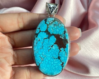 Turquoise Pendant With Silver Chain Necklace 925 Sterling Silver Pendant Necklace Big Size Gemstone Pendant Handmade Gemstone Jewelry Gift