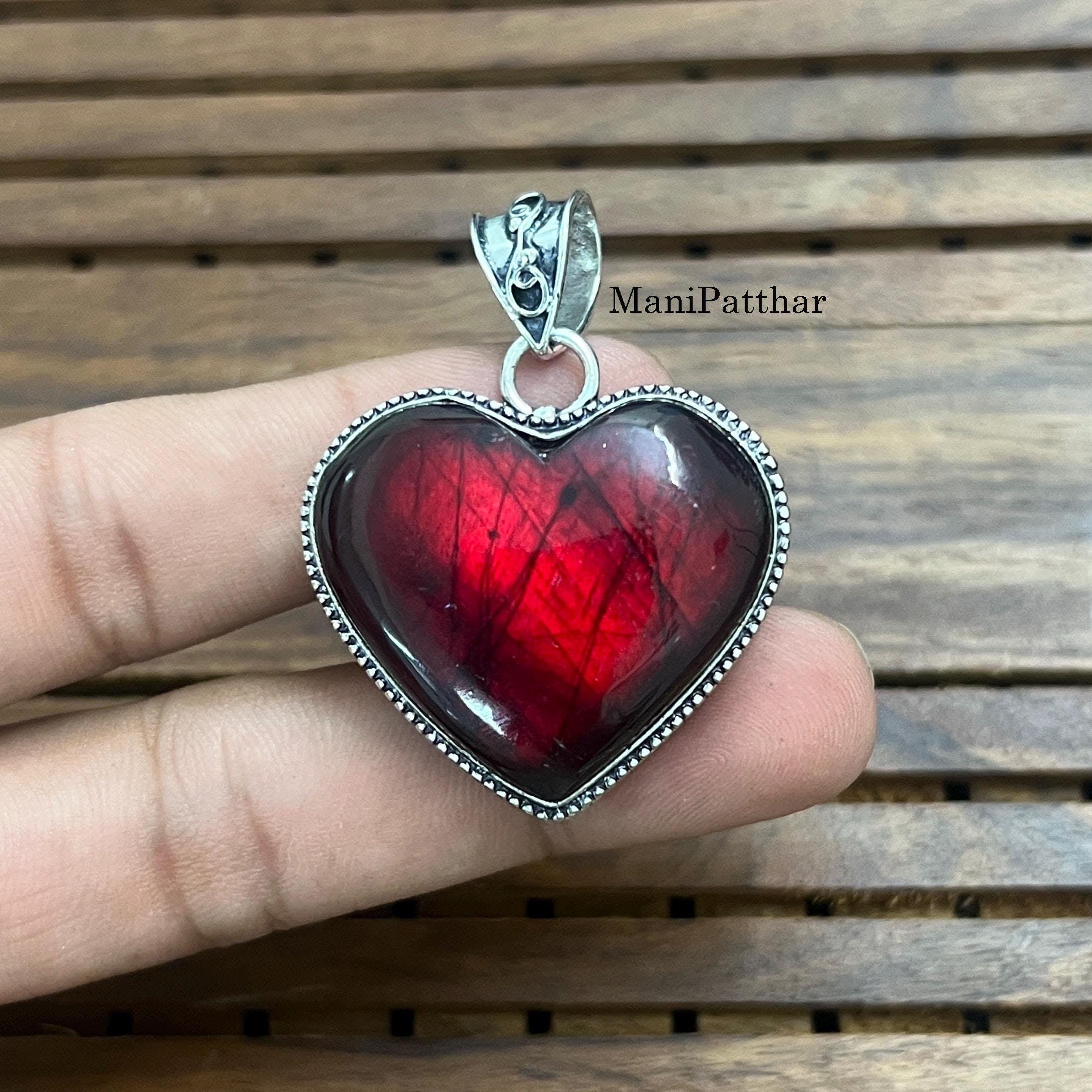 Red Labradorite Heart Pendant: Sterling Silver Necklace, Handmade