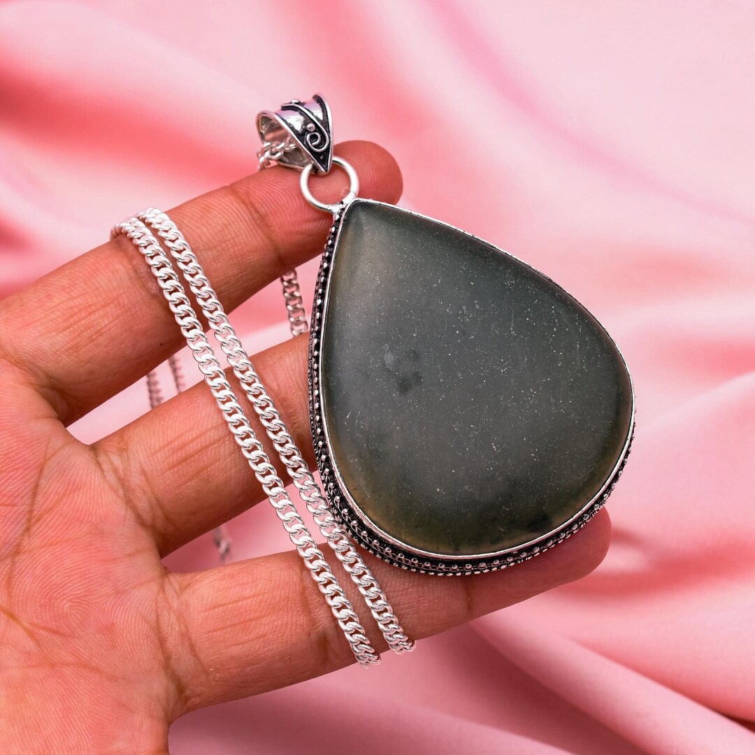 Serpentine Pendant With Silver Chain Necklace 925 Sterling Silver