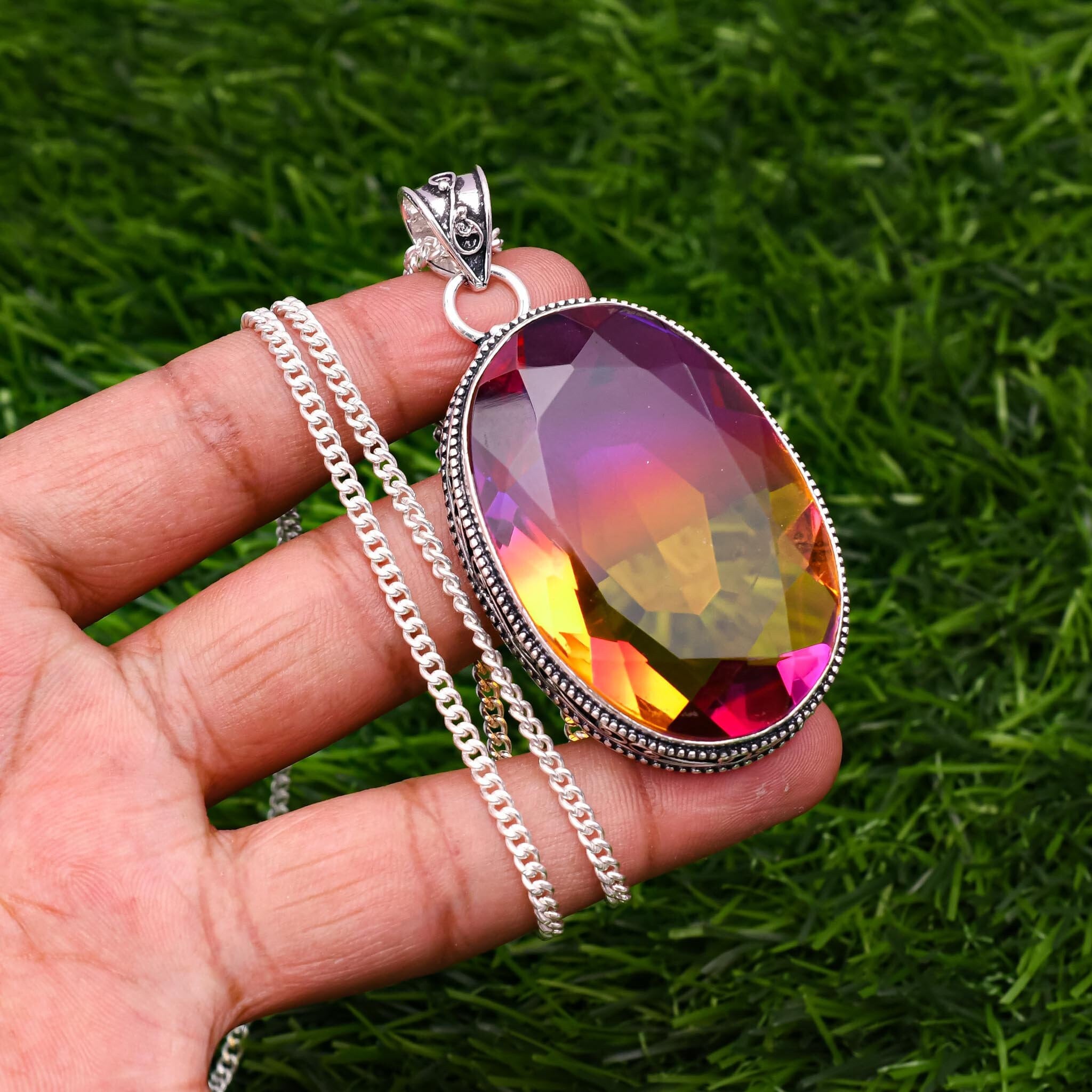 Bicolor Tourmaline Pendant: Handmade 925 Sterling Silver Necklace