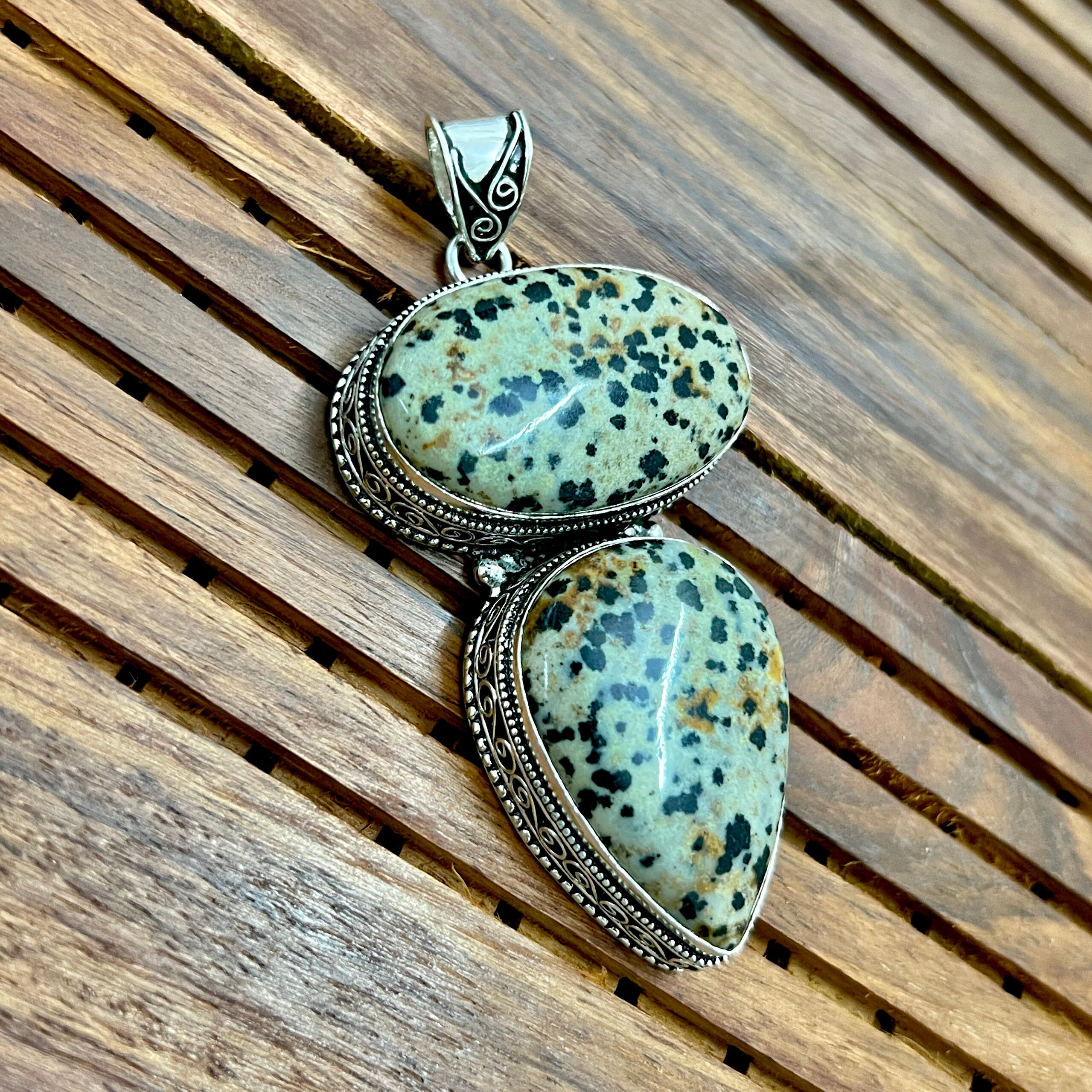 Pendentif Fait Main En Jaspe Dalmatien Et Argent 925 - Longueur 2,25 Pouces, Neuf Sans Emballage