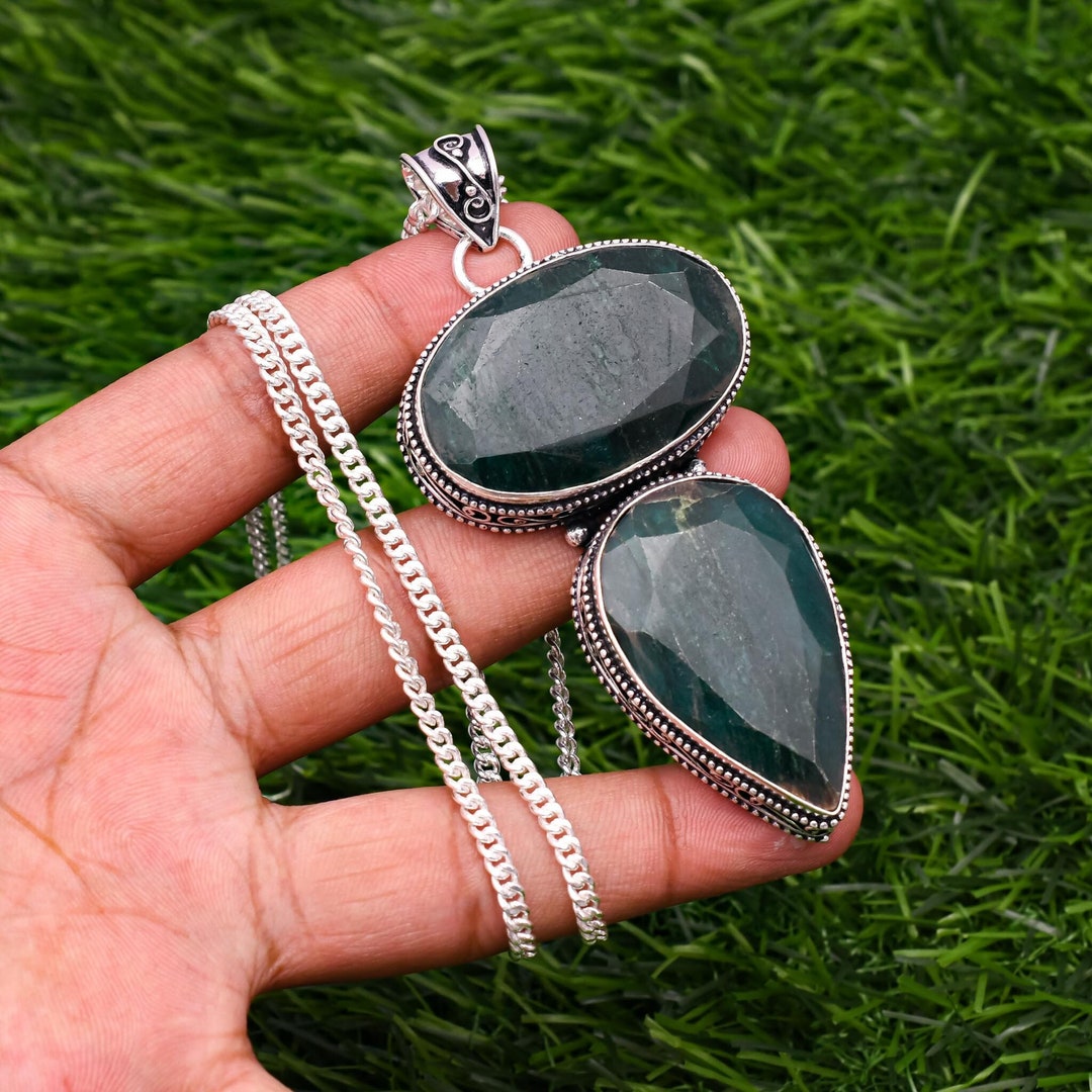 Emerald Pendant With Silver Chain Necklace 925 Sterling Silver Etsy