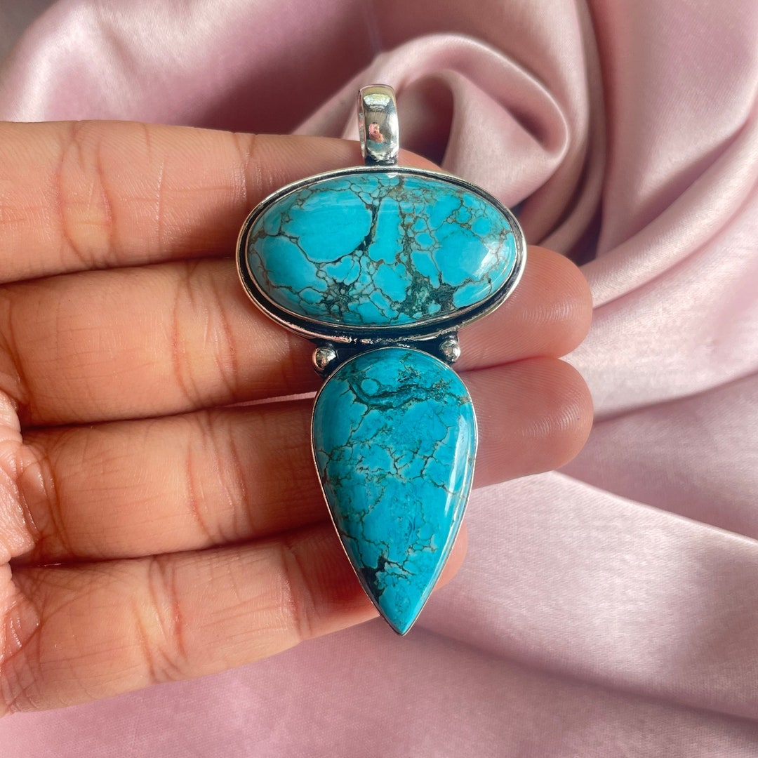 Turquoise Pendant With Silver Chain Necklace 925 Sterling Silver