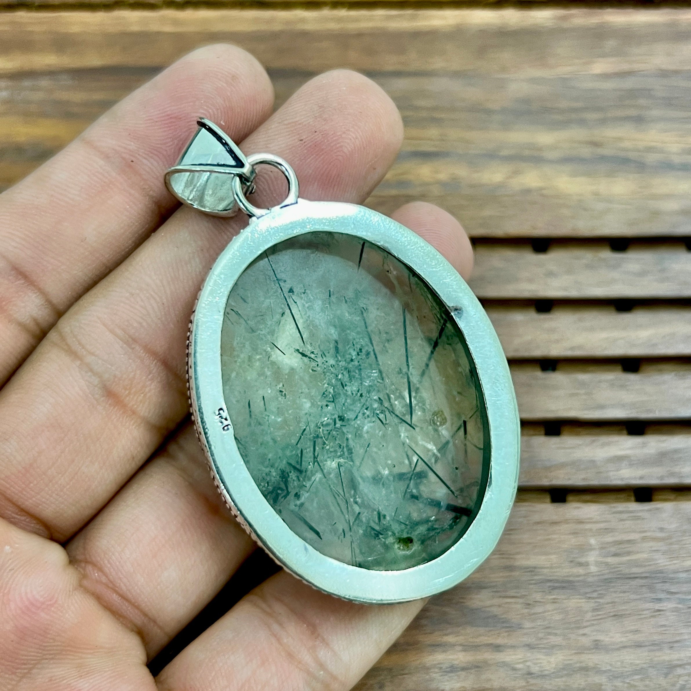 Pendentif Argent Massif Avec Pierre Prehnite Bleue - Bijou Occasion