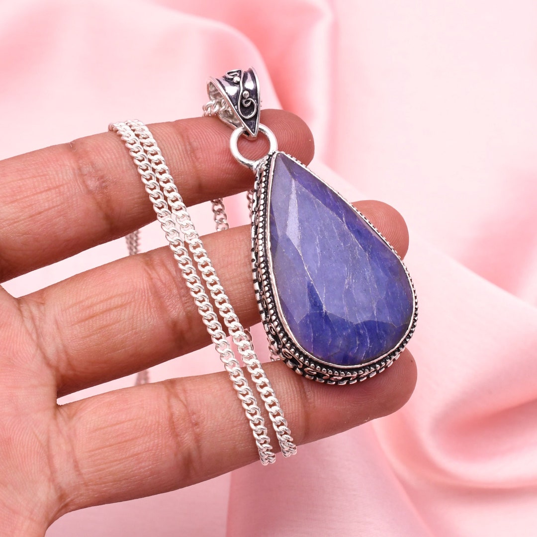 Blue Sapphire Pendant With Silver Chain Necklace 925 Sterling Silver ...