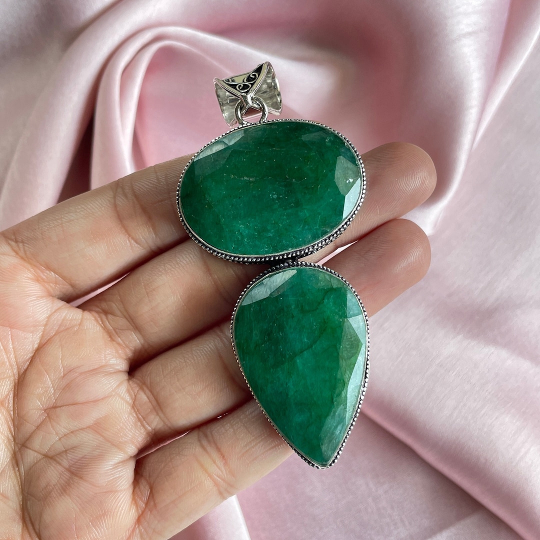 Emerald Pendant With Silver Chain Necklace 925 Sterling Silver Pendant