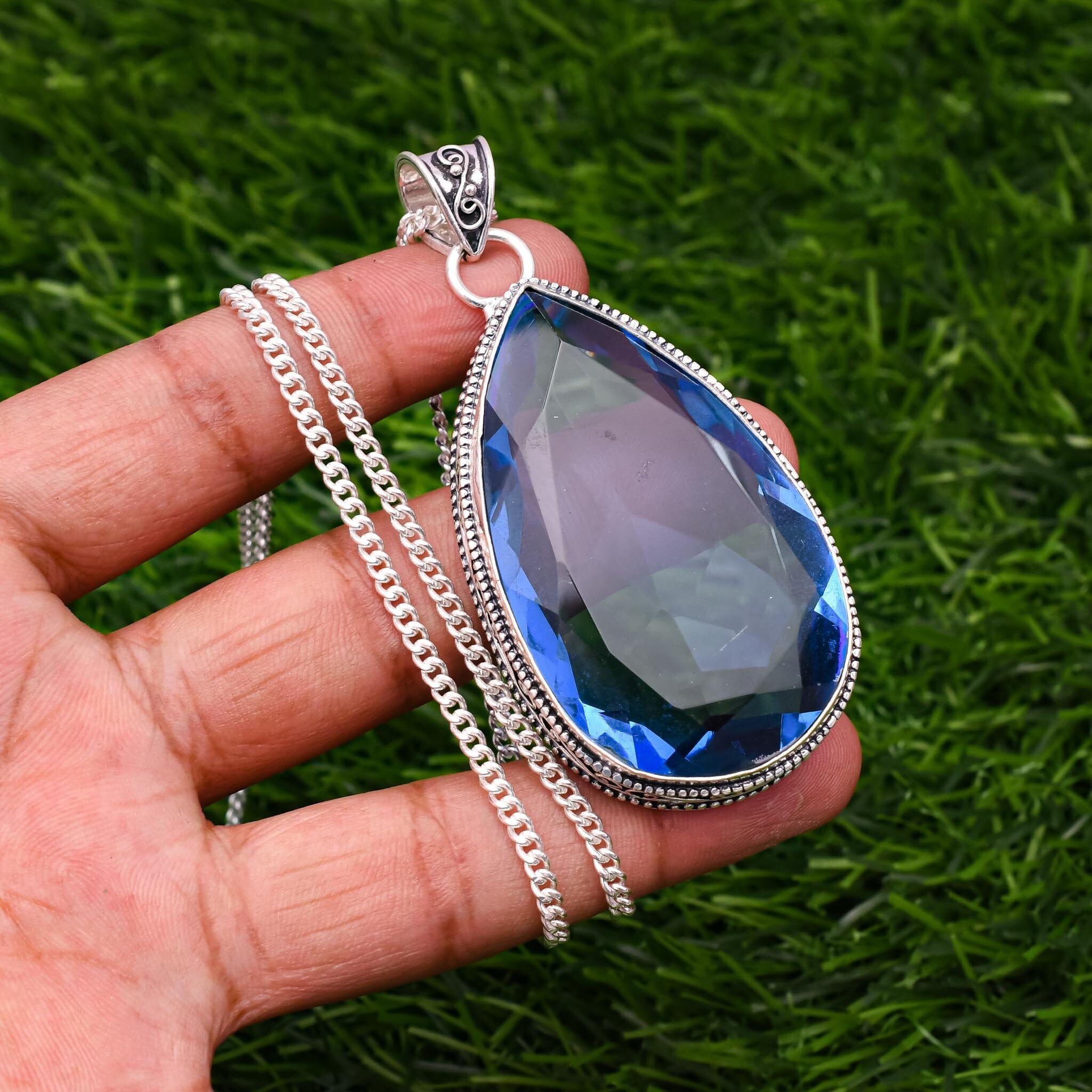 Blue Sapphire Sterling Silver Pendant Necklace: Handmade Gemstone