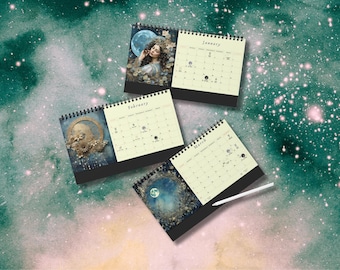 May include: Four desktop calendars with black covers and cream-colored pages. Each calendar features a different image of a moon with a celestial theme. The months of January, February, March, and a full moon are visible.