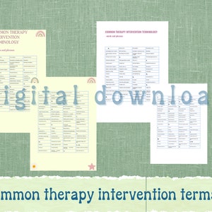 May include: Three printable worksheets with a rainbow design and the text "Common Therapy Intervention Terminology" and "Words and Phrases".