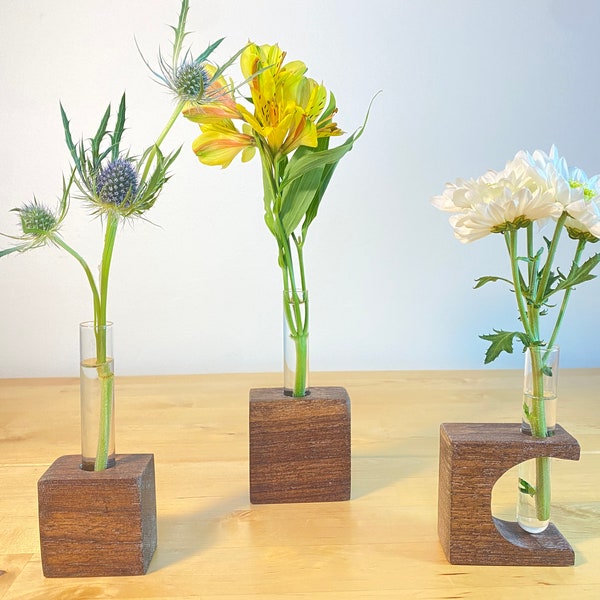 Walnut Flower Vase / Propagation Station with Single Test Tube / Dried Flower Display / Bud Vase