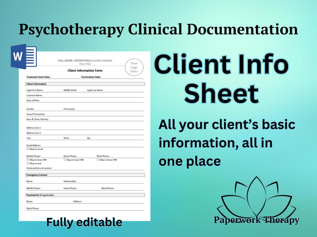 Client Information Sheet - Psychotherapy Clinical Documentation - Etsy