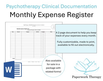 Private Practice Management - Monthly Expense Register