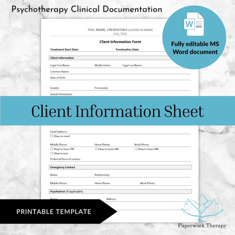 Client Information Sheet - Psychotherapy Clinical Documentation image 1