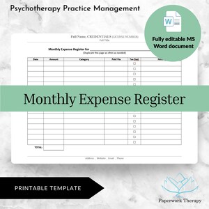 Monthly Expense Register - Private Practice Management