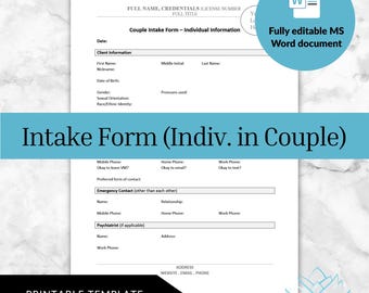 Intake Form (Individuals within a Couple) - Psychotherapy Clinical Documentation