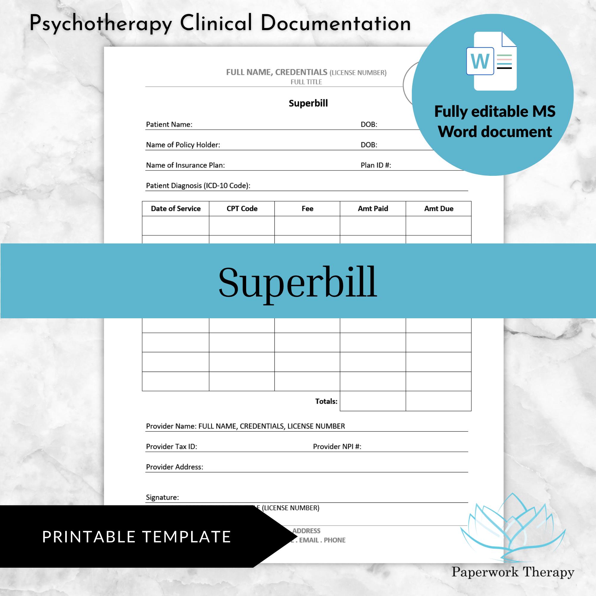 Superbill - Psychotherapy Clinical Documentation - Etsy