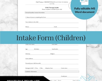Intake Form (Children) - Psychotherapy Clinical Documentation
