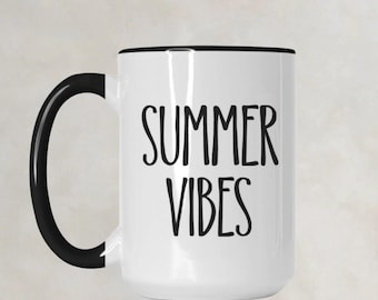 Summer Vibes Mug Deluxe, Summer Vibes Personalized Mug, Summer Mug, Beach Vibes, Lake Vibes, Vacation Vibes Mug, 15oz. (Black + White)