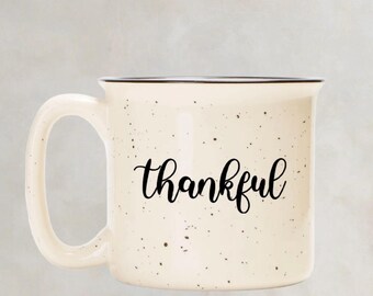 Speckled Ceramic Camp Mug: Thankful Thanksgiving Gift, 13oz