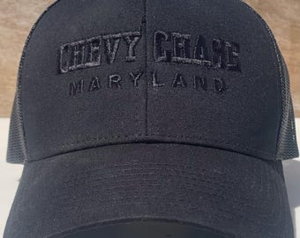 Chevy Chase Maryland Embroidered Trucker Hat, Retro Trucker Hat, Black Trucker Hat