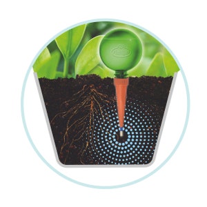May include: A green watering globe with the text "PlantPal" on it, inserted into the soil of a potted plant. The globe has a long orange spike that reaches down into the soil, and a blue ring around the spike. The soil is brown and has roots growing out of it. The roots are surrounded by a blue dotted pattern, indicating the area where the water is being distributed.