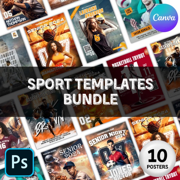 Photoshop Sports Poster Bundle Template, Digital Templates for Photoshop, Psd Sports Background, Senior Sports Poster, Psd Bundle for Sports