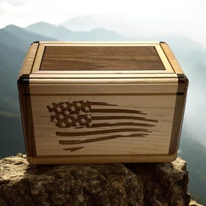 Wooden Cremation Urn American Flag Maple Walnut Box Military Veteran Burial Urn Memorial Box Handcrafted Wooden Urn for Human Ashes