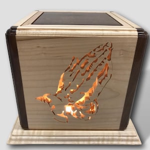Urna de cremación de madera - Caja de entierro de recuerdo iluminada - Urna conmemorativa de manos en oración - Urna de cremación para adultos - Urna de madera para cenizas - Urna religiosa