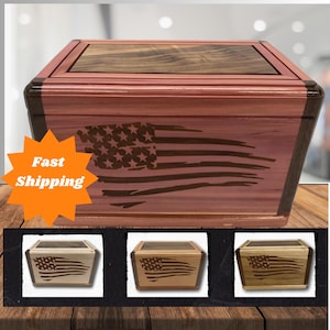 Wooden Flag Cremation Urn for Funeral, Custom Tattered Flag Box, Handmade Veteran Burial Box for Human Ashes, Military Urn Engraved Keepsake