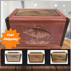 Personalized Fishing Cremation Urn-Fisherman Urn for Human Ashes-Custom Fish Urn for Dad-Wooden Cedar Box for Funeral-Walleye Urn for Son