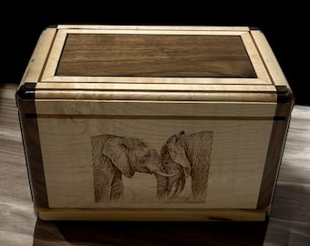 Handcrafted Maple & Walnut Cremation Urn: Two Elephants Design